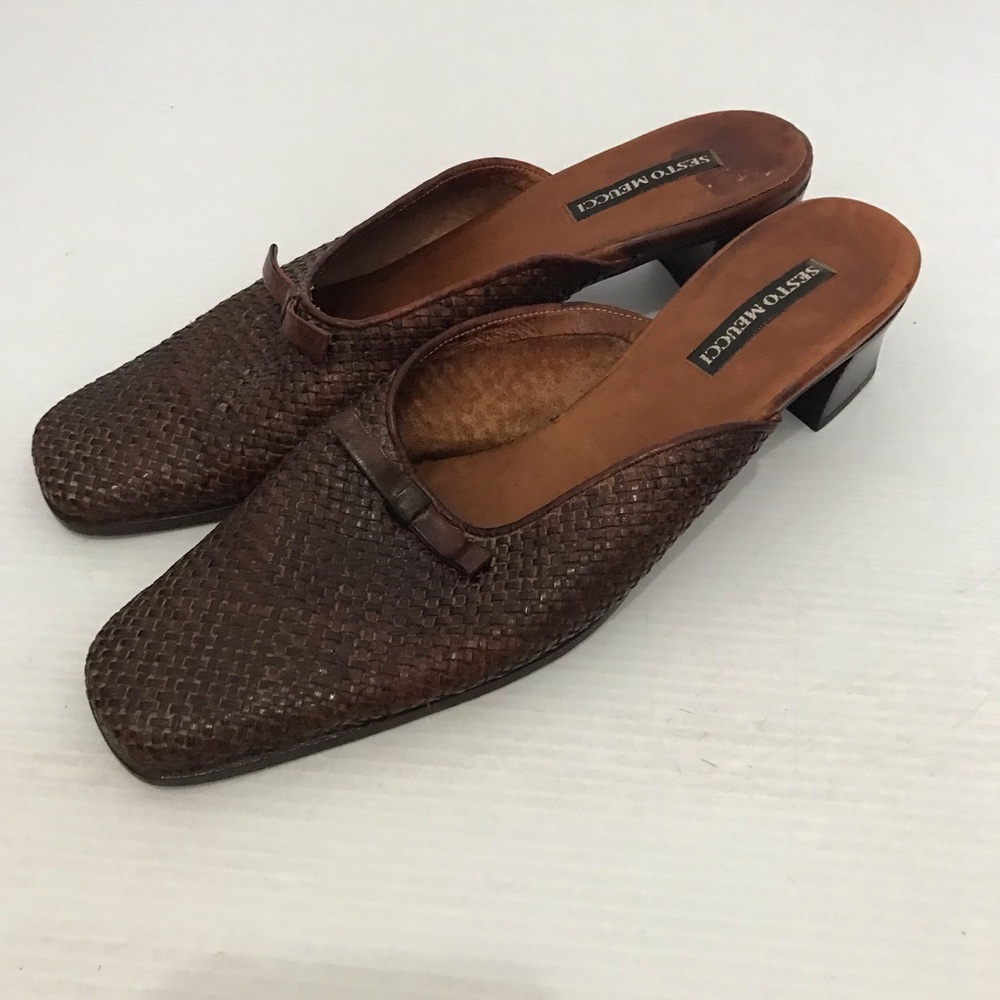 Sesto Meucci Woven Leather Slip-On Mules in Brown Size 10